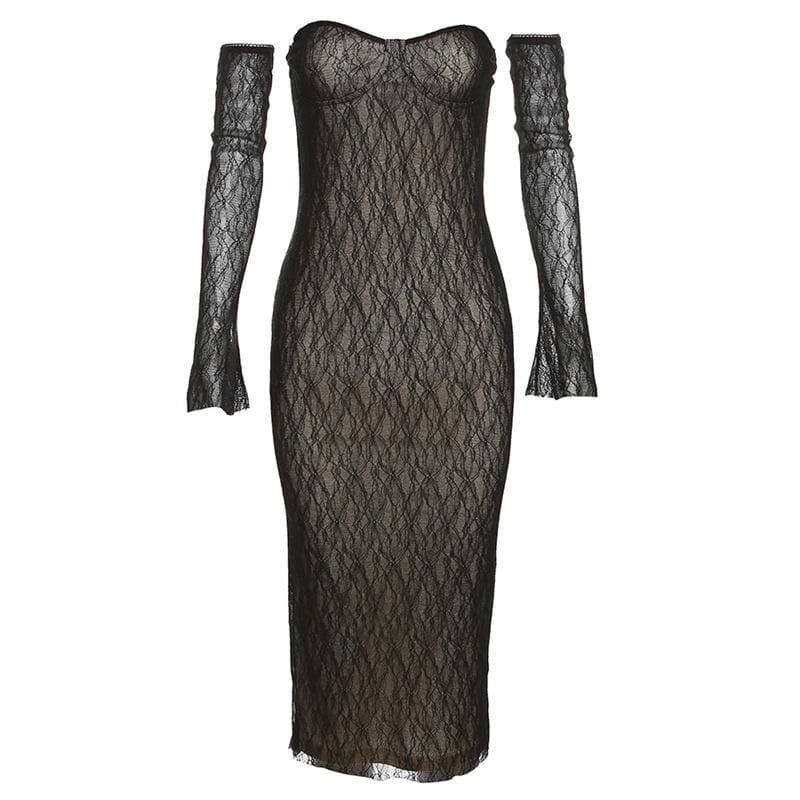 Lace gloves sweetheart neck backless tube midi dress