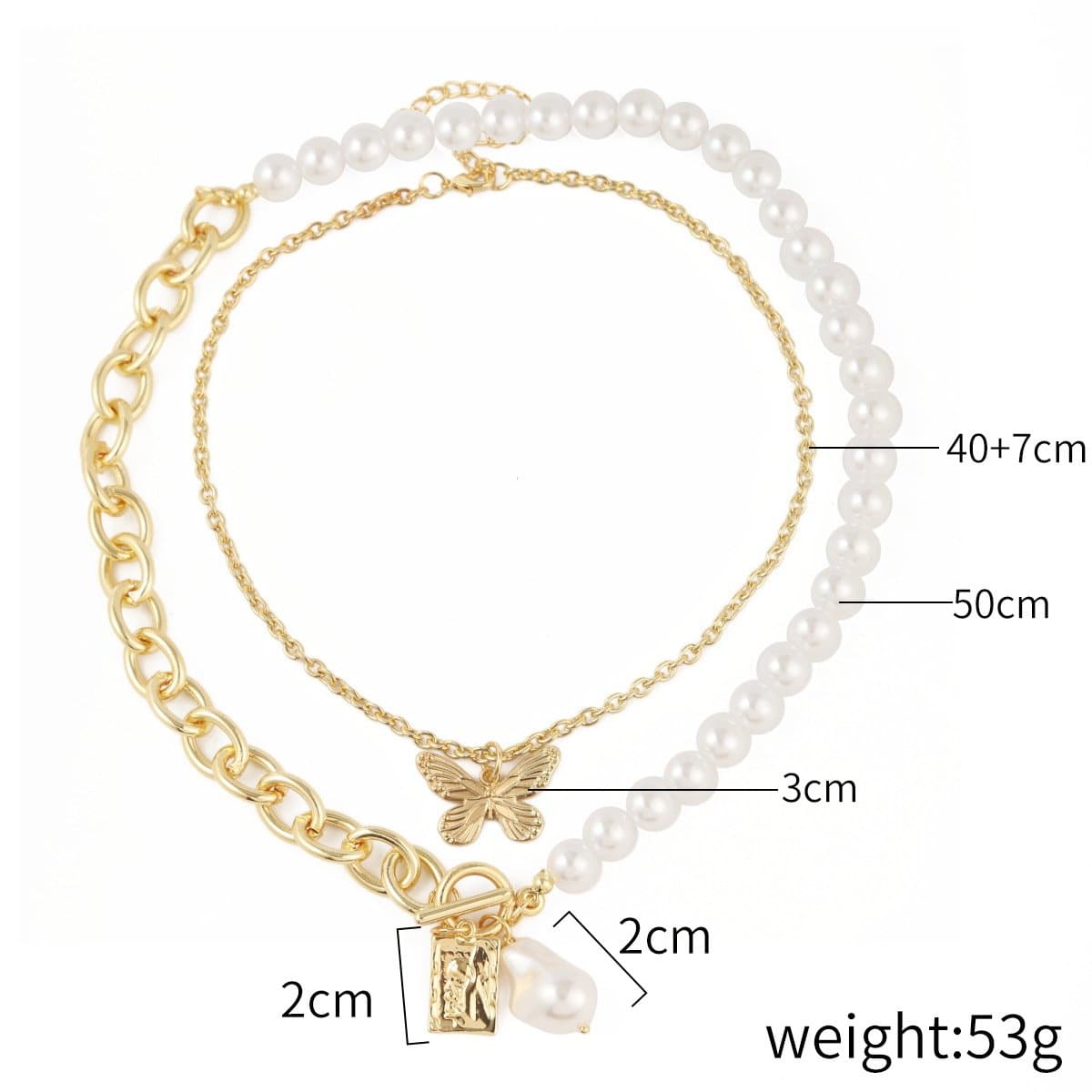 Butterfly faux pearl beaded chain pendant 2 pcs necklace