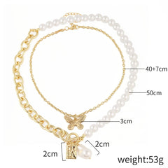 Butterfly faux pearl beaded chain pendant 2 pcs necklace