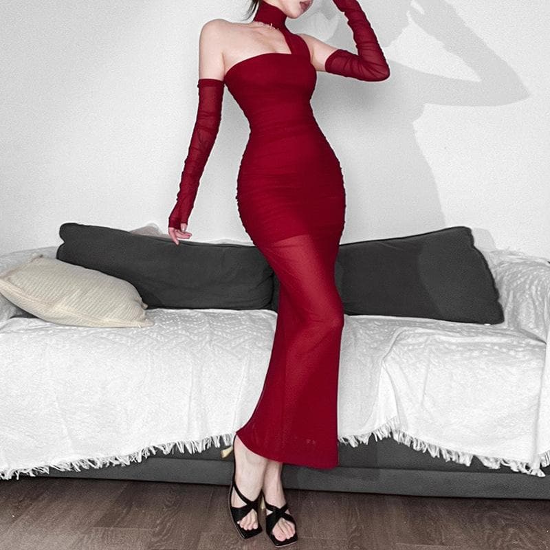 Mesh gloves ruched halter solid slit backless maxi dress