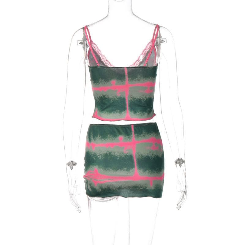 Tie dye v neck lace hem ruched cami mini skirt set - Final Sale