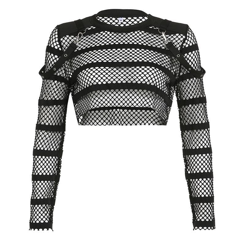 Hollow out long sleeve fishnet see through buckle solid crop top