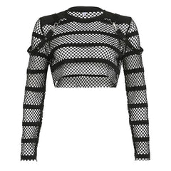 Hollow out long sleeve fishnet see through buckle solid crop top