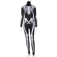 Skull pattern contrast high neck long sleeve jumpsuit