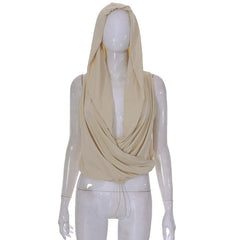 Solid hoodie cowl neck sleeveless drawstring ruched top