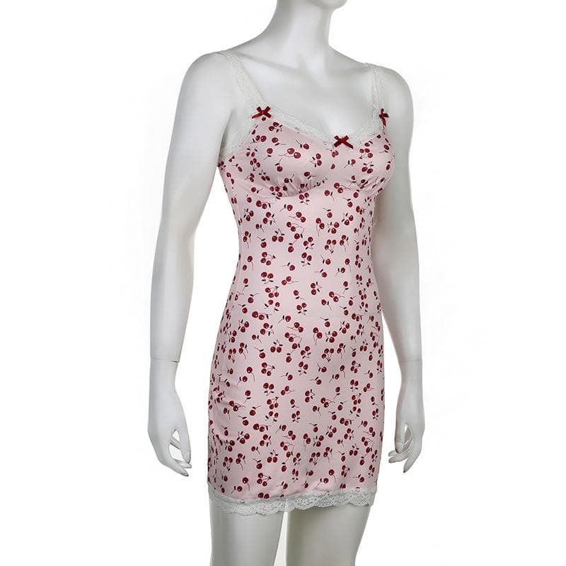 Cherry print contrast lace hem v neck sleeveless mini dress