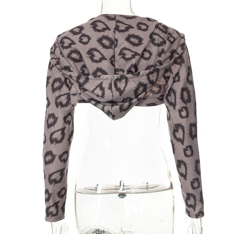 Heart pattern hoodie contrast long sleeve drawstring shrug top