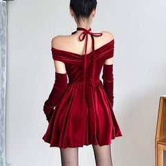 Velvet ruched zip-up off shoulder long sleeve solid mini dress