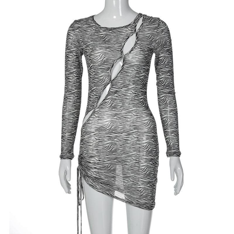 Zebra print hollow out irregular long sleeve sheer mesh see through mini dress