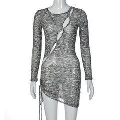 Zebra print hollow out irregular long sleeve sheer mesh see through mini dress