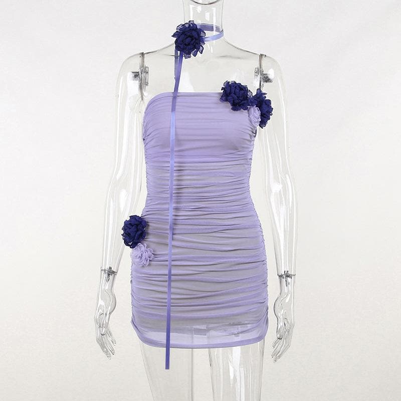 Ruched mesh flower applique backless tube mini dress