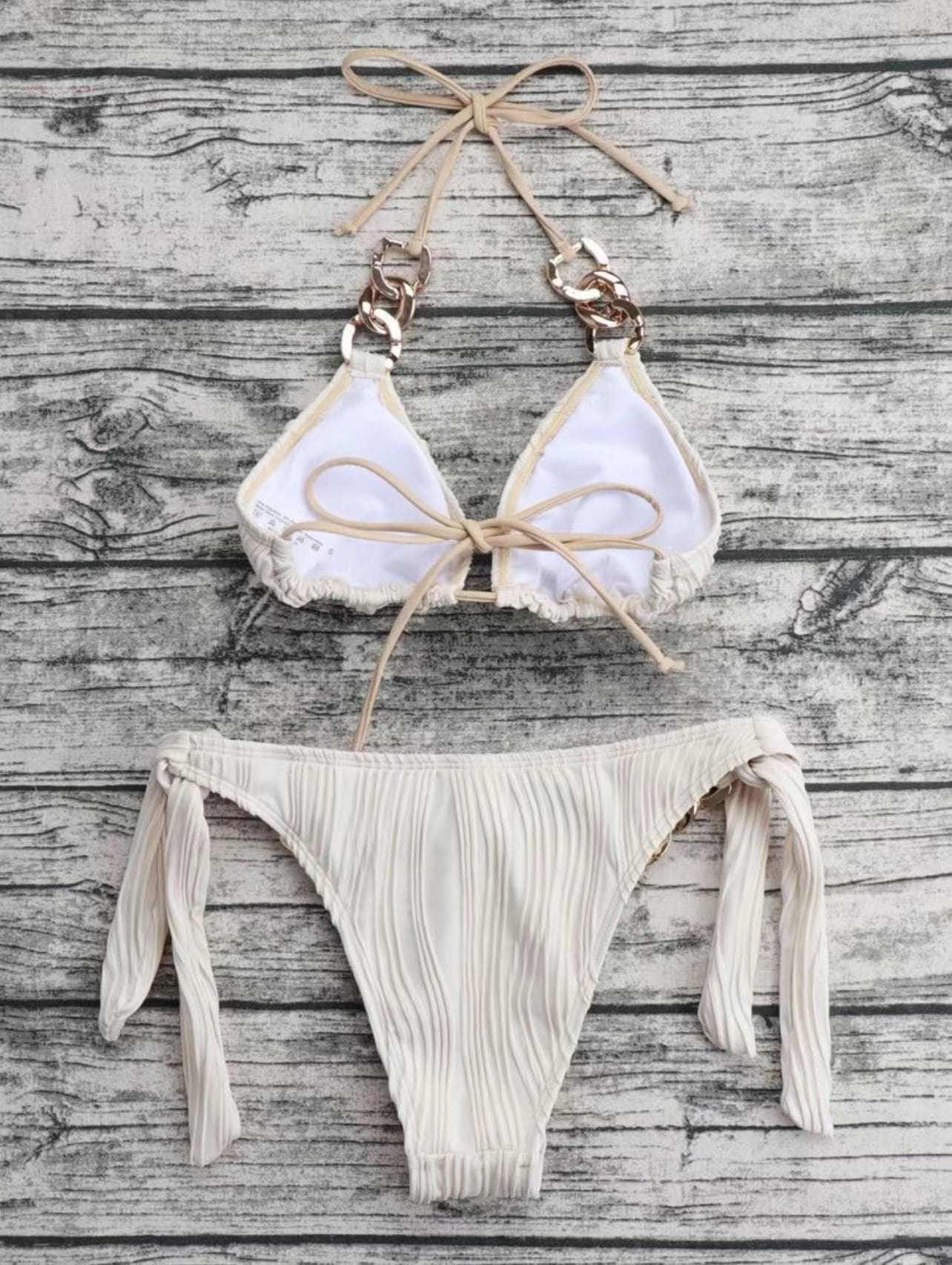 Neckholder-Bikini mit strukturierter Metallkette zum Selbstbinden, rückenfrei, einfarbig