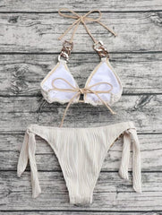 Neckholder-Bikini mit strukturierter Metallkette zum Selbstbinden, rückenfrei, einfarbig