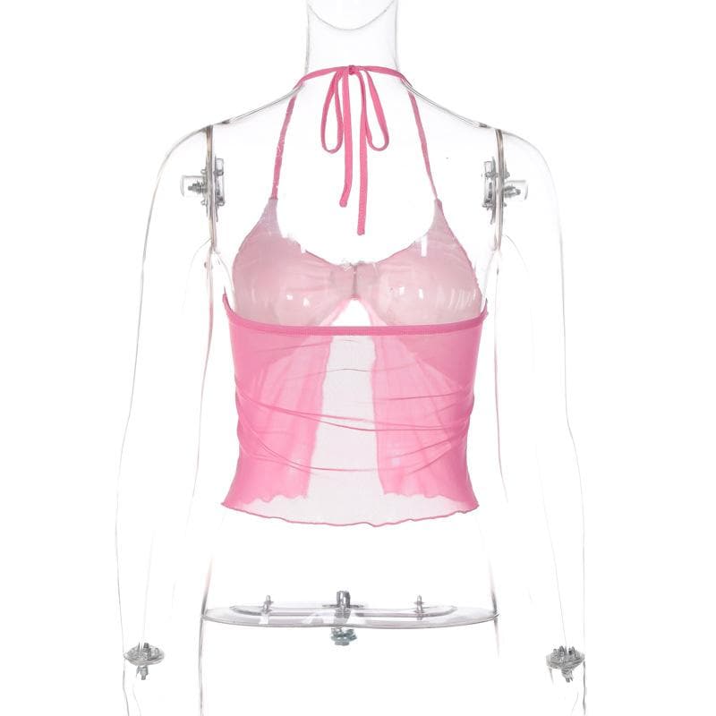 Solides Neckholder-Crop-Top aus transparentem Netzstoff mit Schnalle und Rüschen