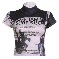 High neck short sleeve letter print contrast top