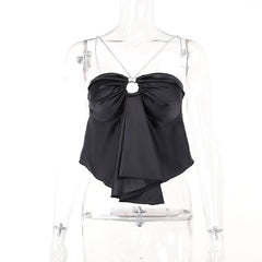 Ruched hollow out spaghetti strap satin backless crop top