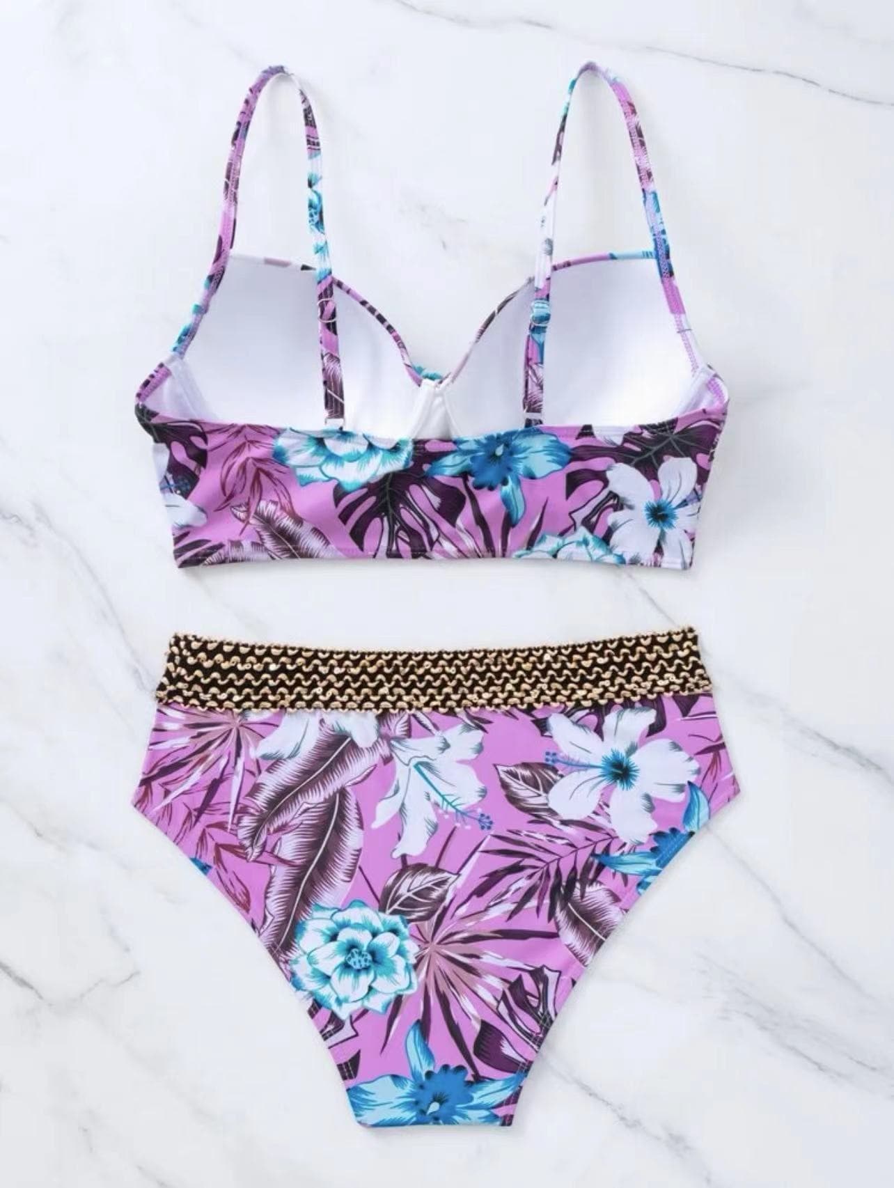 Flower pattern contrast padded backless cami bikini swimwear