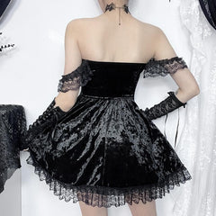 Solid velvet lace hem sleeveless ruffle lace up mini dress | victorian gothic dresses