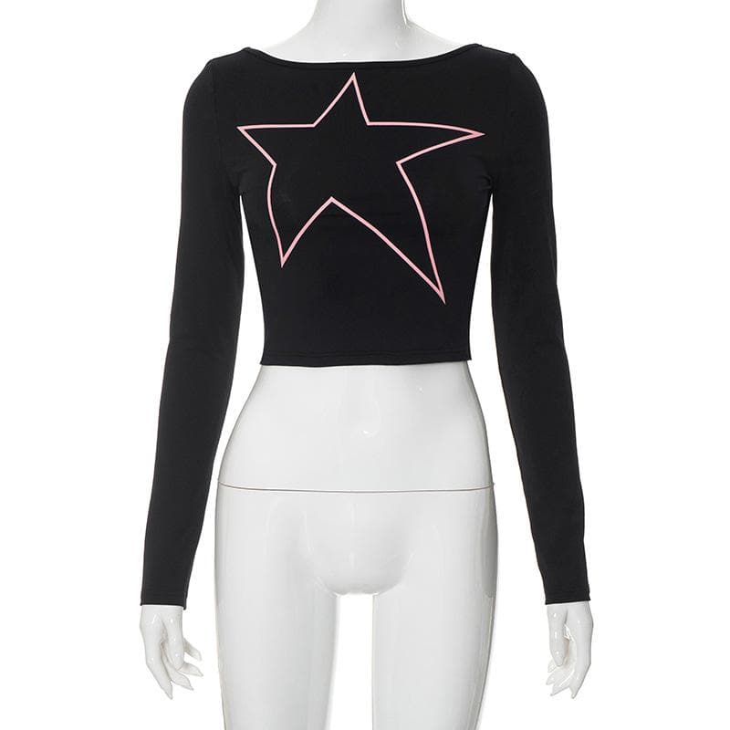 Long sleeve star pattern backless contrast crop top