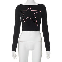 Long sleeve star pattern backless contrast crop top