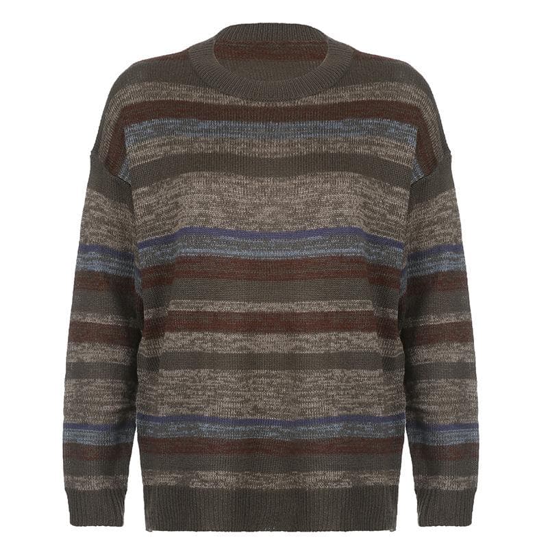 Knitted striped contrast long sleeve crewneck top