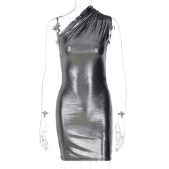 Metallic one shoulder ruched sleeveless irregular mini dress