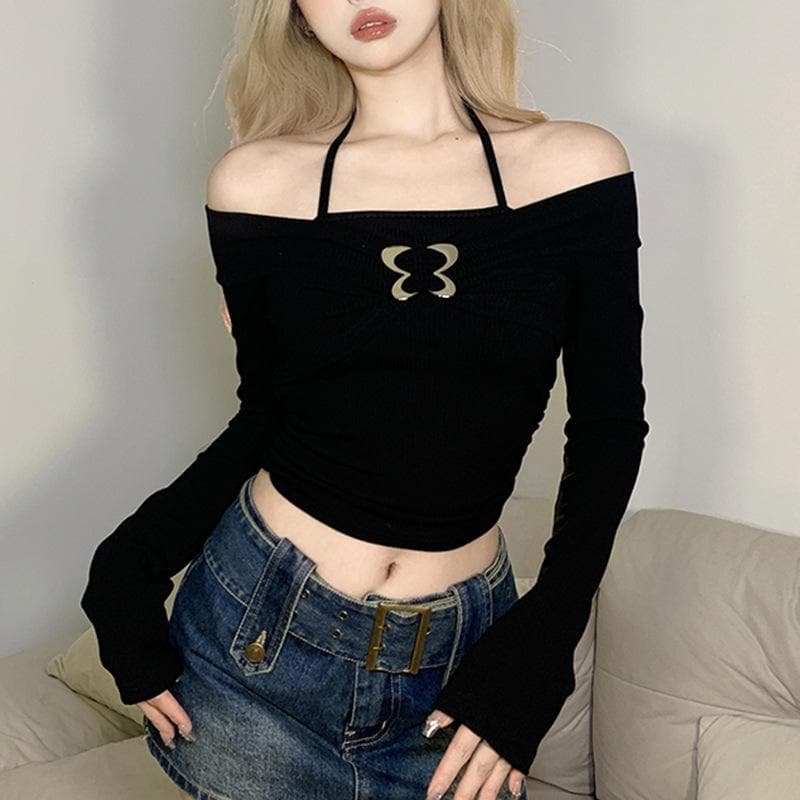 Off shoulder halter buckle long sleeve solid crop top