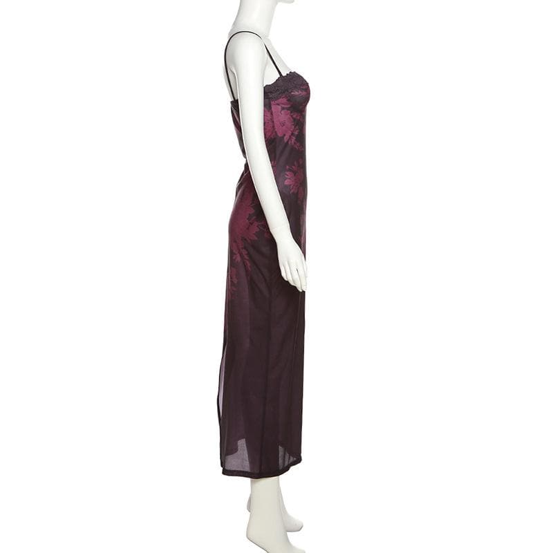 Camisole-Midikleid mit Spitzensaum und kontrastierendem Blumenmuster und Schlitz 