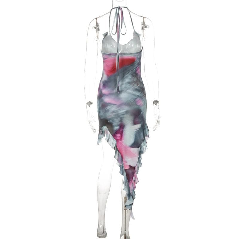 Ruffle halter irregular tie dye contrast backless mini dress