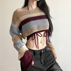 Crochet contrast long sleeve self tie halter 2 piece crop top