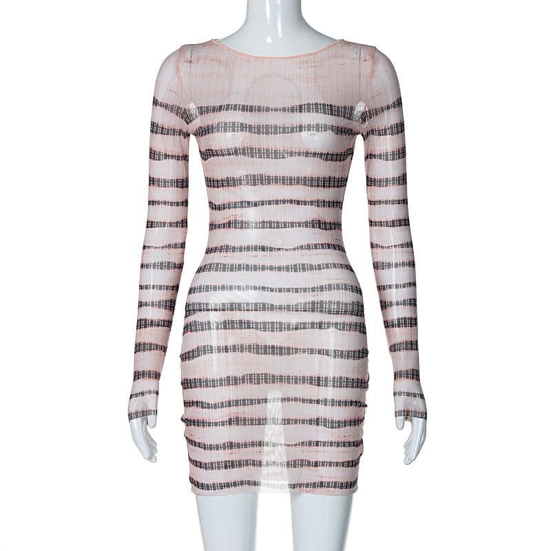 Long sleeve striped print sheer mesh crewneck ruffle mini dress