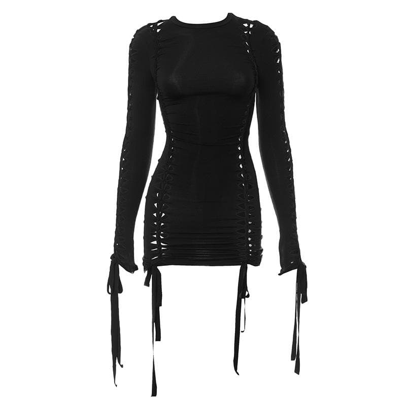 Hollow out self tie long sleeve solid crewneck mini dress