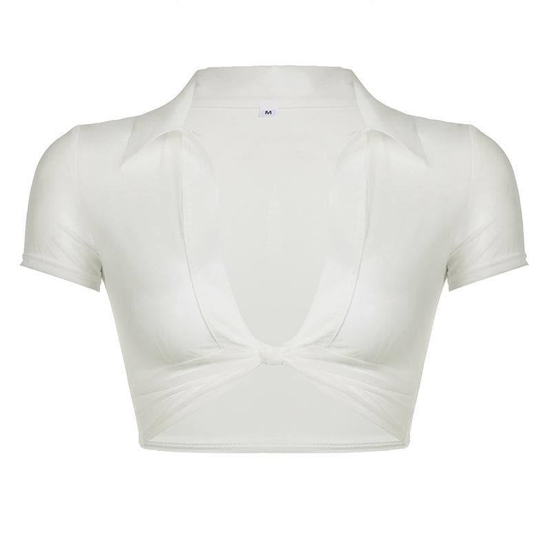 Knotted short sleeve turnover collar sheer mesh see through crop top