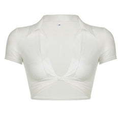 Knotted short sleeve turnover collar sheer mesh see through crop top