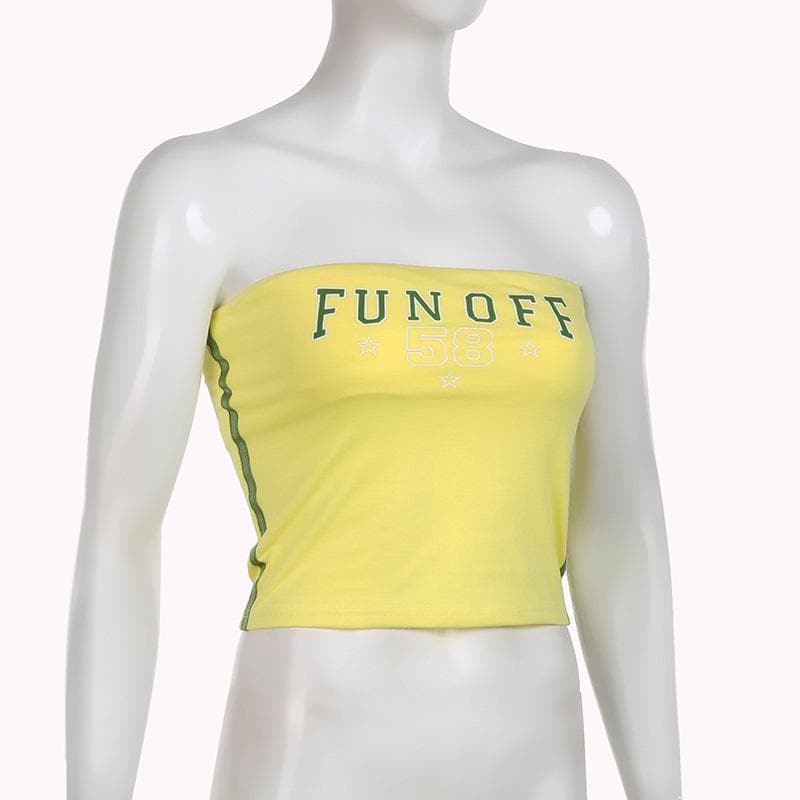 Contrast "FUNOFF" pattern backless tube crop top