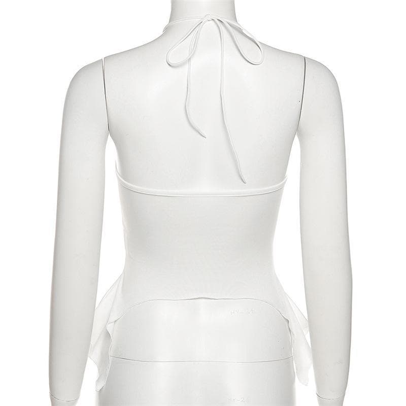 Hollow out ruched halter ruffled tie front top