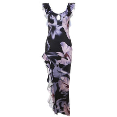 Flower print contrast ruffle irregular slit backless cap sleeve maxi dress