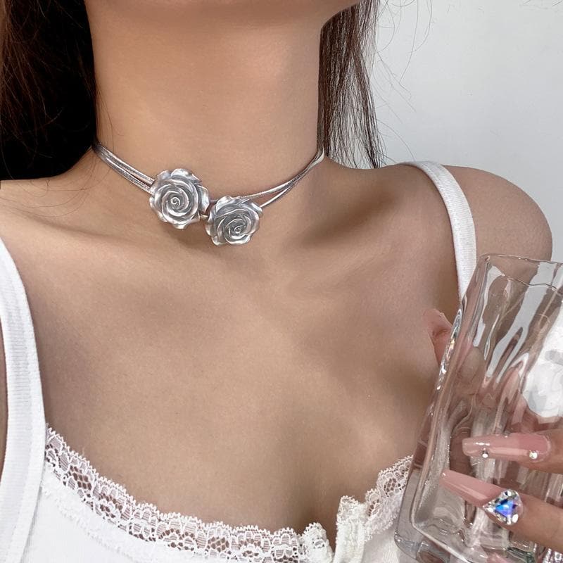 Rose applique layered choker necklace