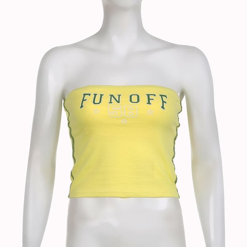 Contrast "FUNOFF" pattern backless tube crop top