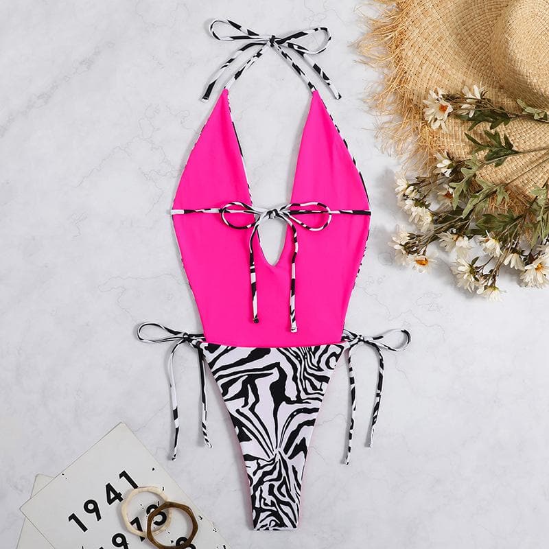 Zebra print v neck halter contrast self tie backless one piece swimwear