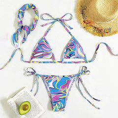 Contrast print hollow out halter self tie 3 piece swimwear