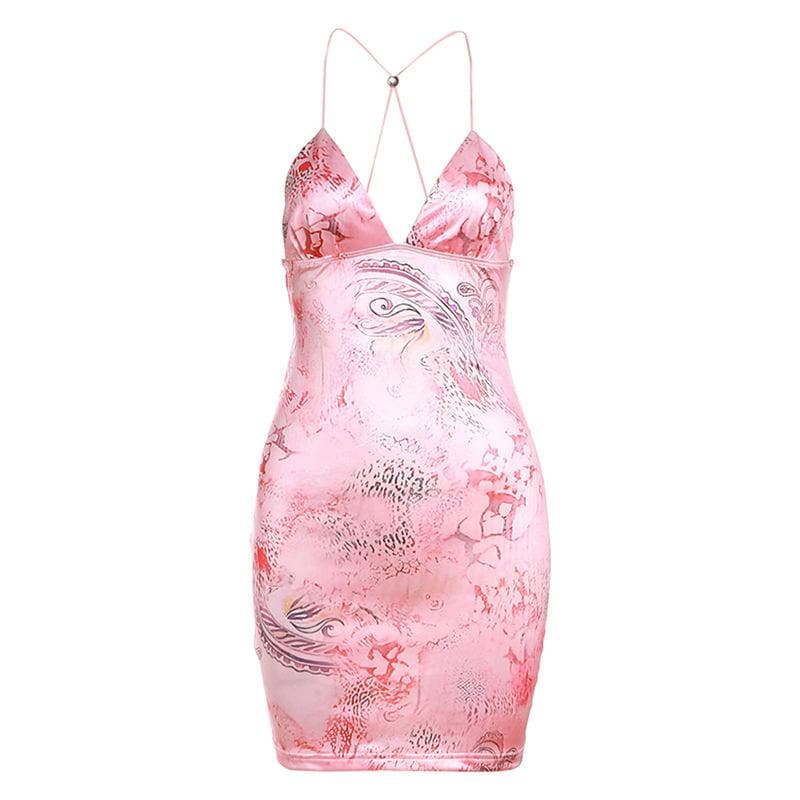 V neck butterfly embroidery backless print cross back cami mini dress