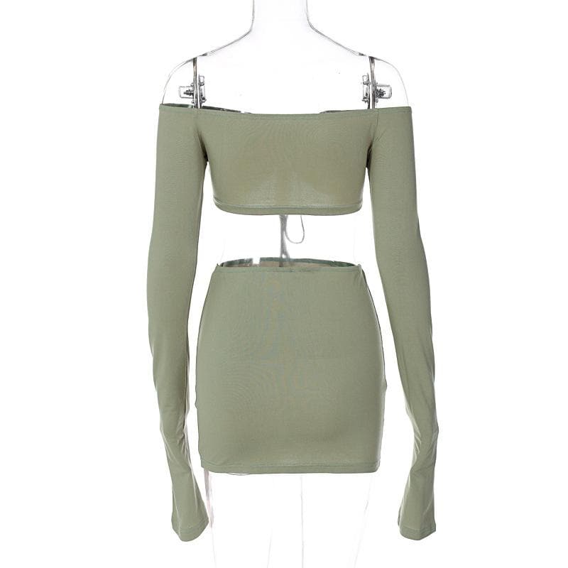 Drawstring off shoulder long sleeve solid mini skirt set