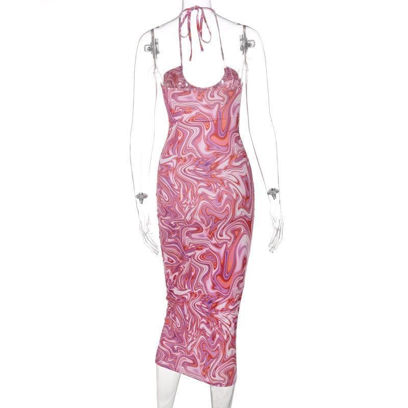 Tief ausgeschnittenes Neckholder-Kleid mit Hohlsaum und Print