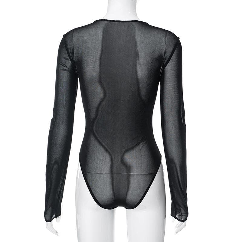 Body print contrast sheer mesh long sleeve see through bodysuit