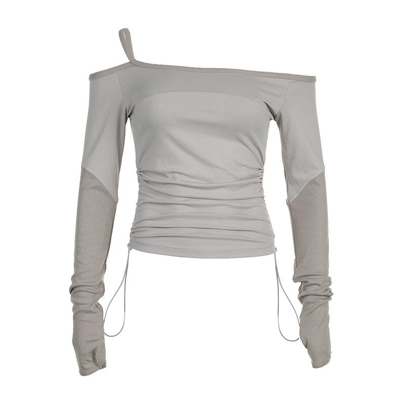 Drawstring one shoulder gloves off shoulder long sleeve top