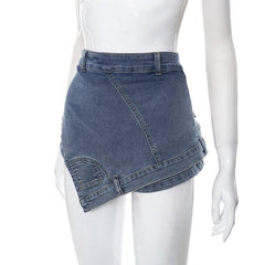 Patchwork irregular stitch 2-way zip-up denim shorts