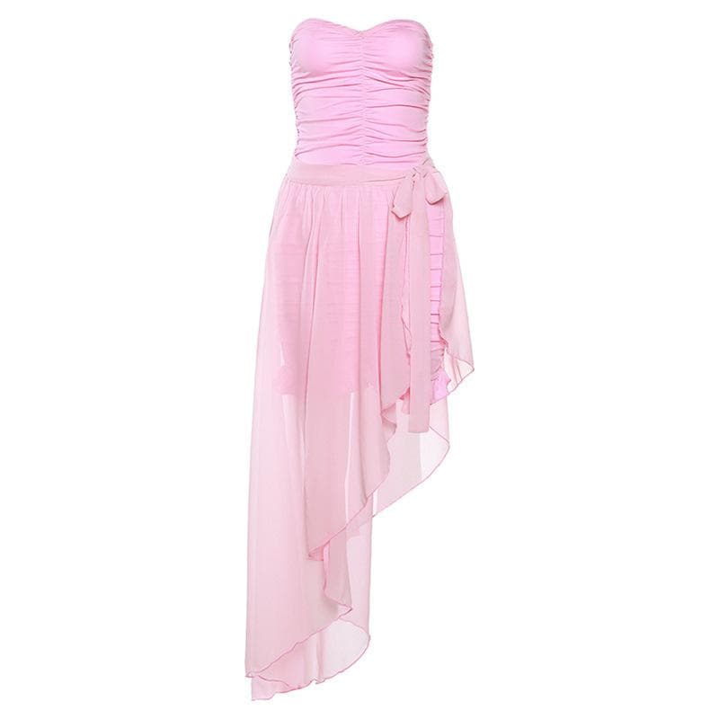 Chiffon ruffle solid irregular ruched self tie tube midi dress