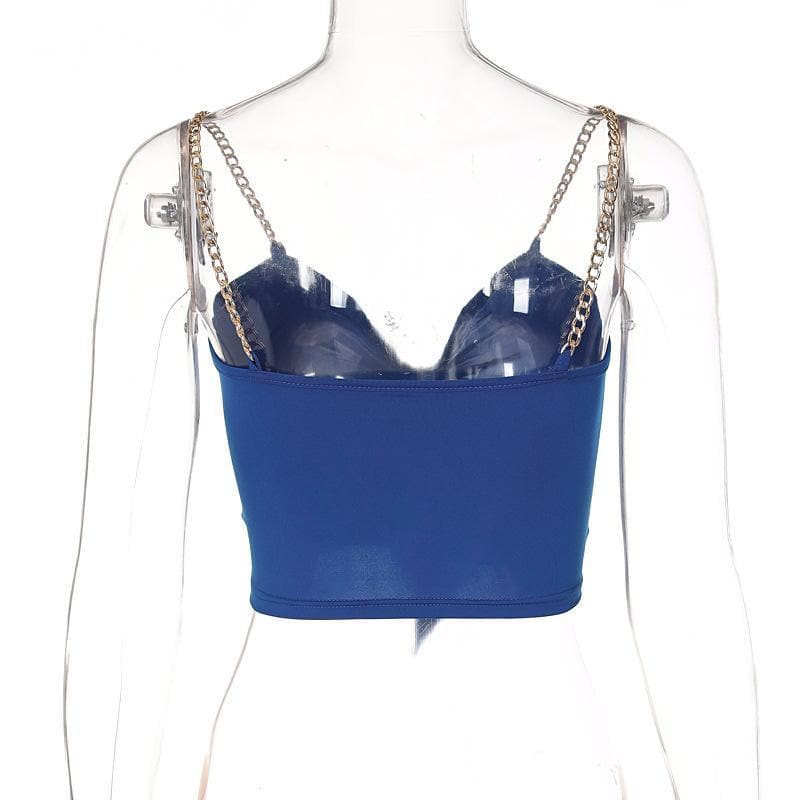 Metal chain knotted ruched solid crop top