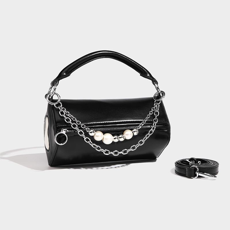 Metal chain beaded solid PU crossbody handbag